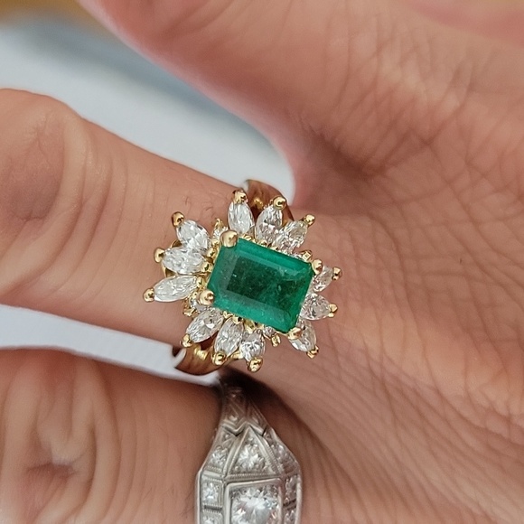 Art deco 14k yellow gold 3ct emerald diamonds ring size 8 - Picture 11 of 12